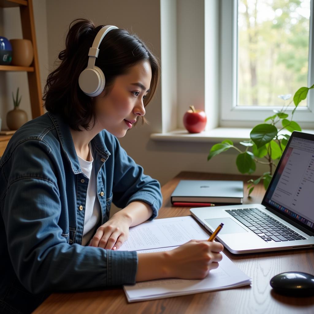 Student demonstrating effective multitasking during IELTS listening practice