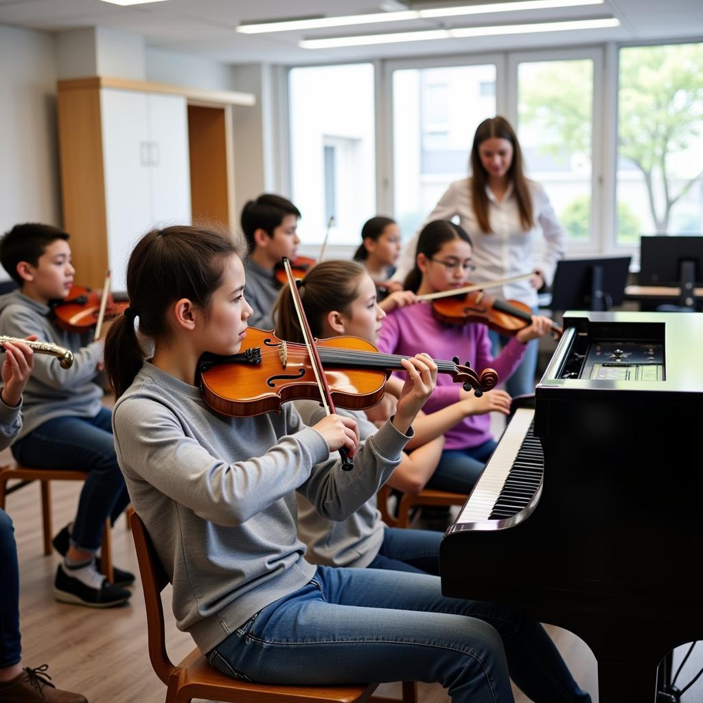 Students participating in music education class with instruments