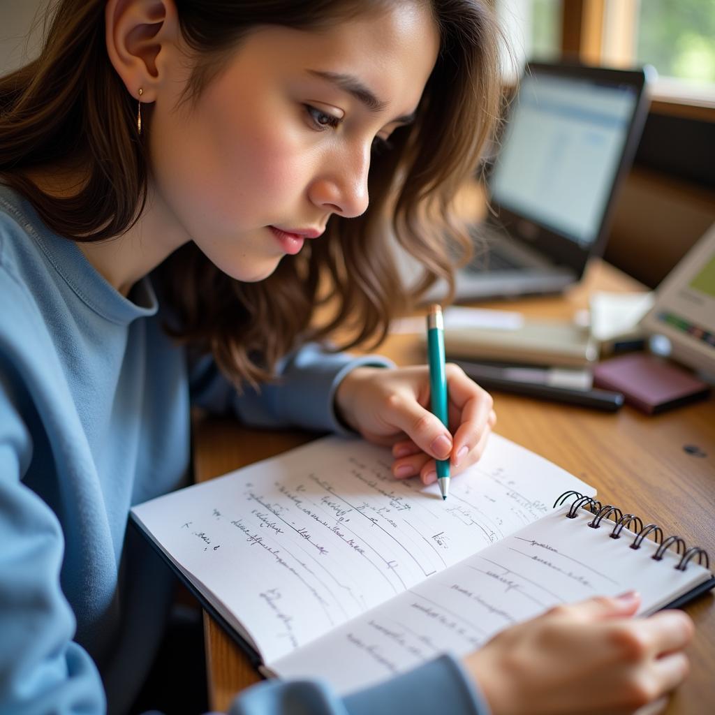 Student taking notes while practicing IELTS listening with real-life audio