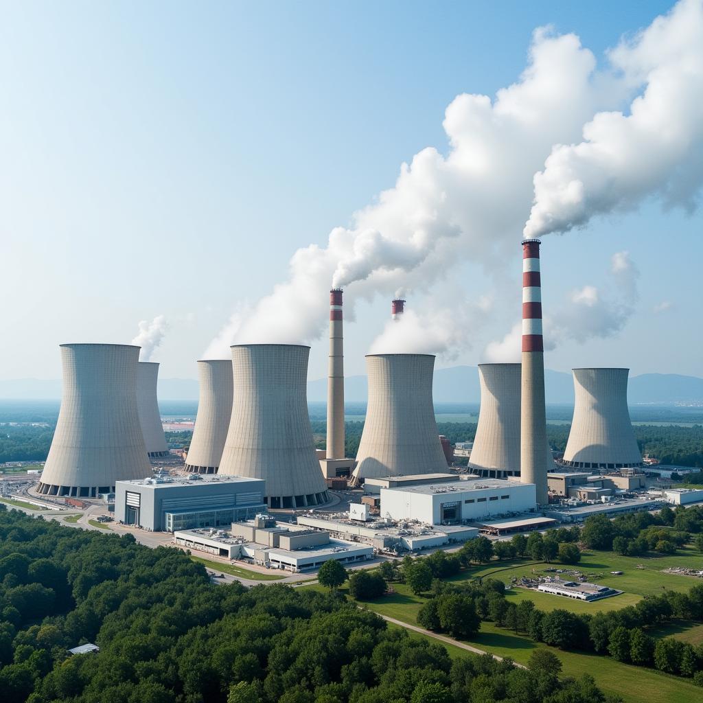 Modern nuclear power facility showing cooling towers and reactor building