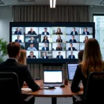 Modern professionals participating in online business meeting using video conferencing