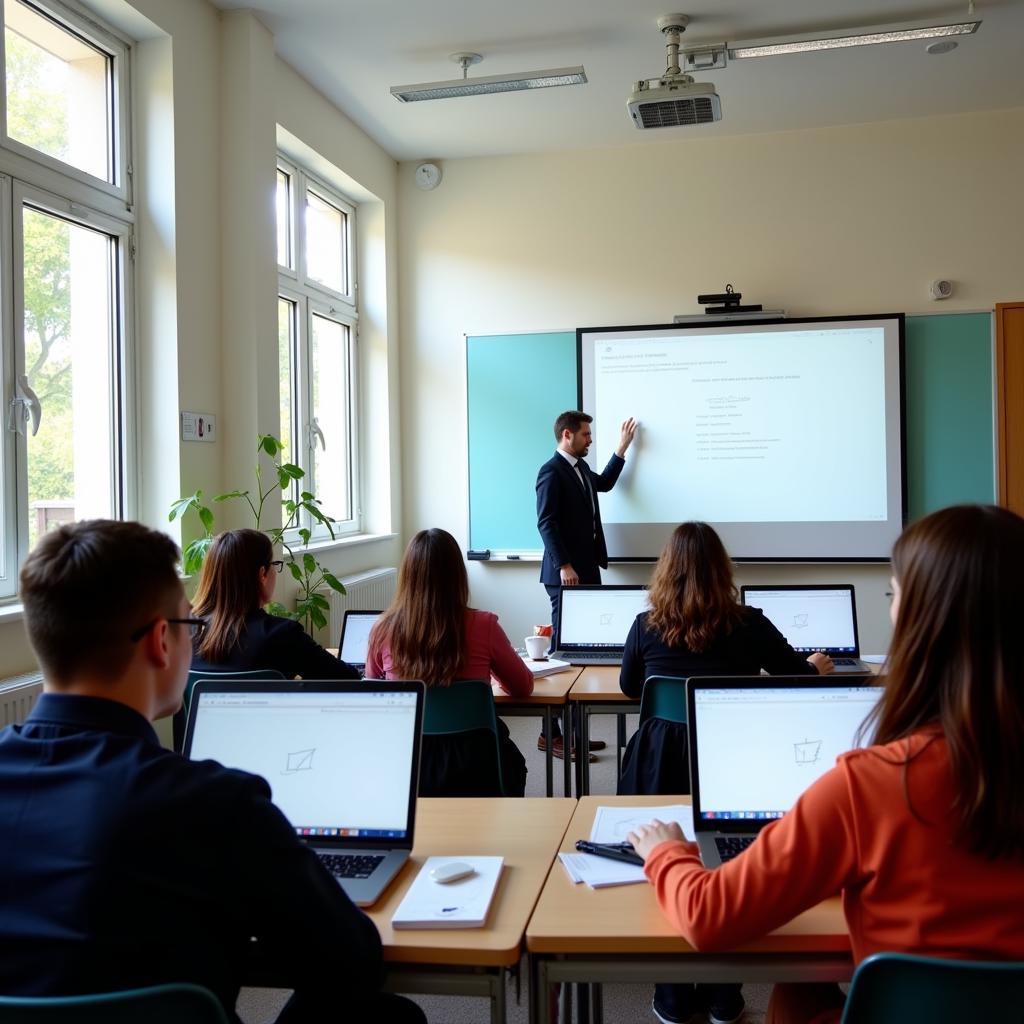 A modern classroom showing both digital learning tools and traditional teaching methods