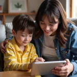 Parents supervising their child's internet activities at home