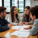 Parents and teachers discussing student progress during parent-teacher meeting