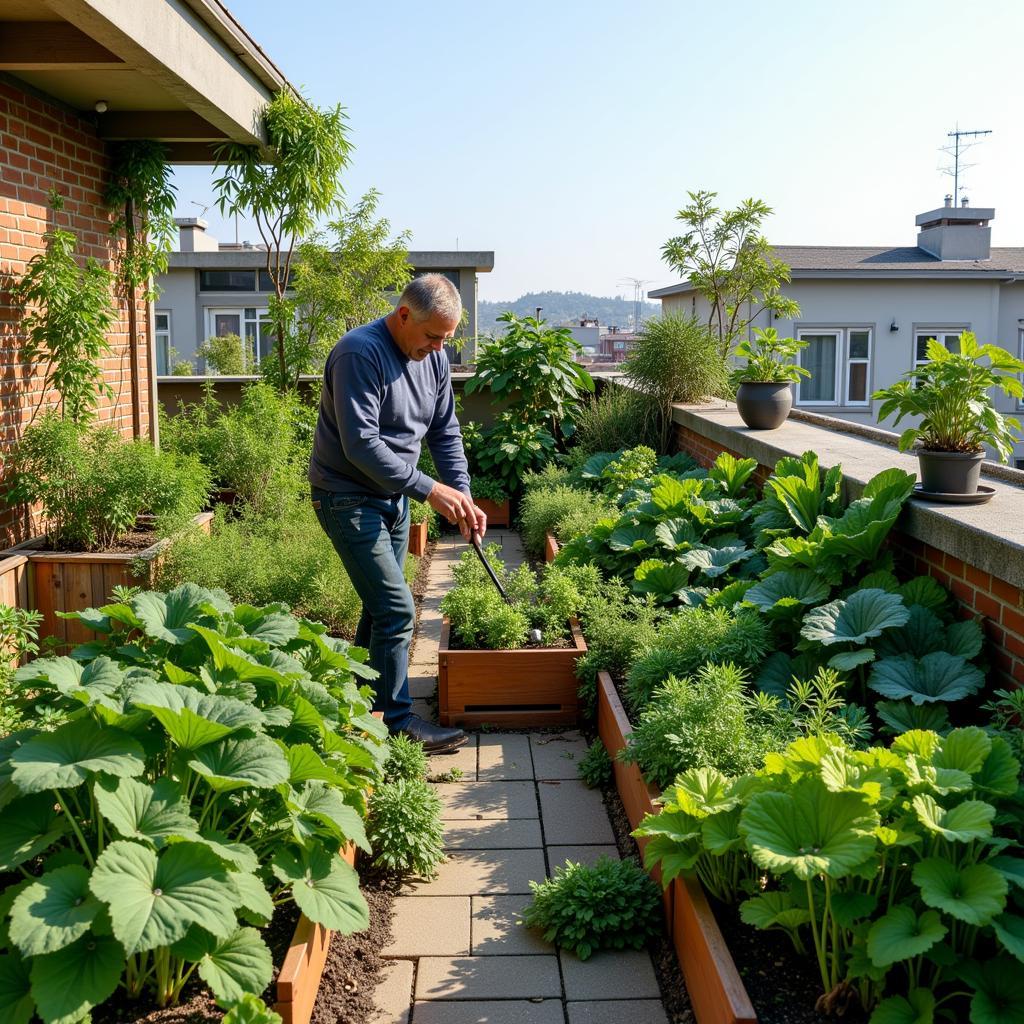 Urban Gardener Tending to Rooftop Garden