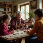 Elderly woman patiently teaching traditional crafts to children