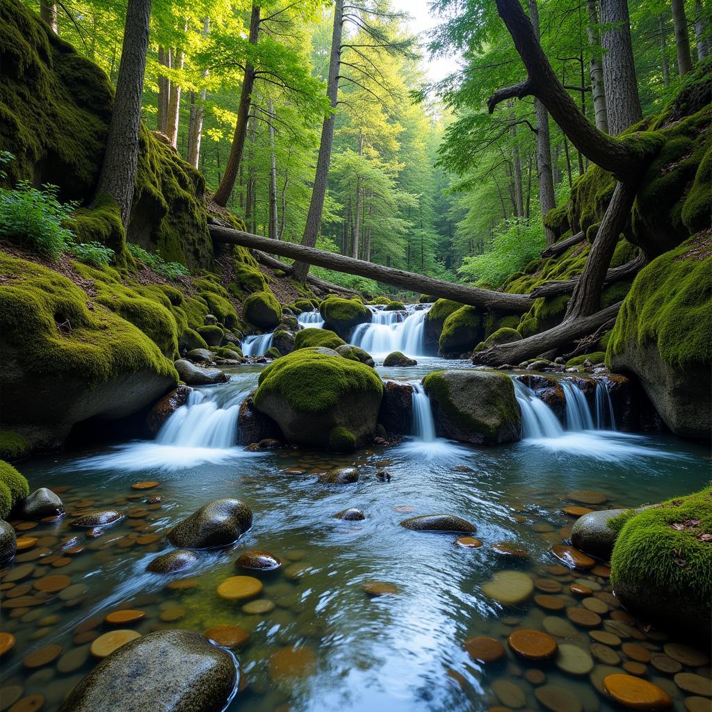 Serene mountain stream flowing through forest perfect for relaxation