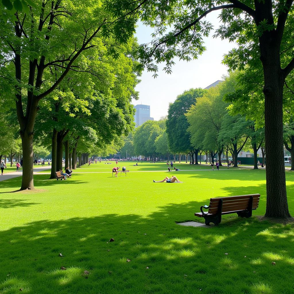 A tranquil public park with green spaces and wooden benches