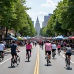 People enjoying leisure activities on car-free street during vehicle-free day