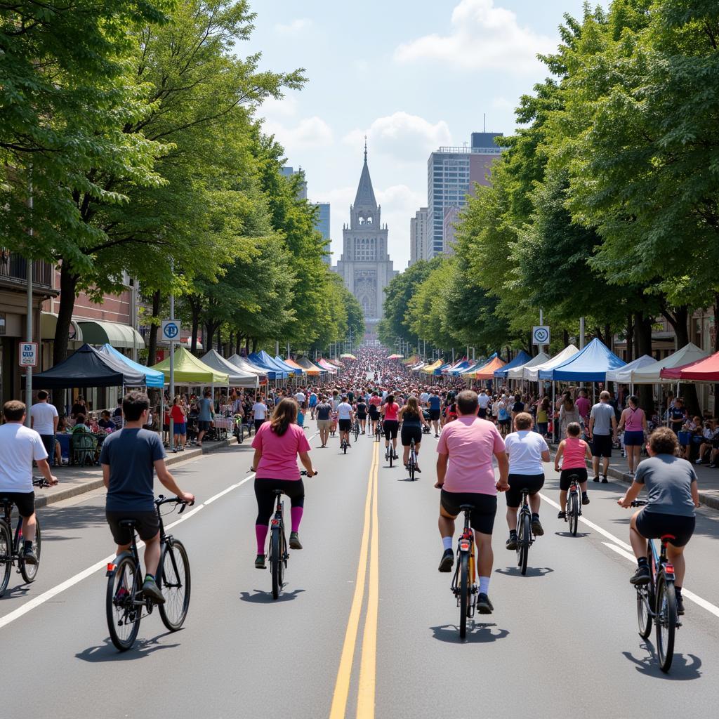 People enjoying leisure activities on car-free street during vehicle-free day