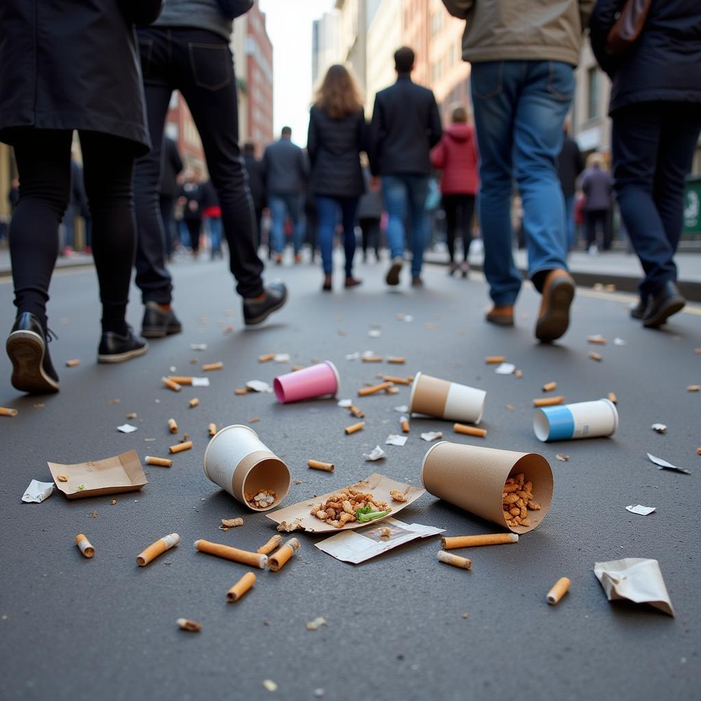 People carelessly dropping litter on a busy city street showing environmental negligence