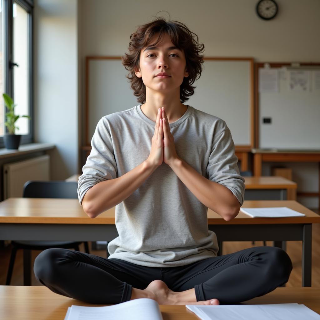 IELTS candidate practicing relaxation techniques