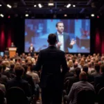 Confident speaker delivering presentation to large audience