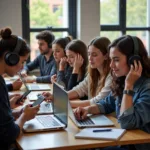 Students practicing IELTS listening with real-life materials