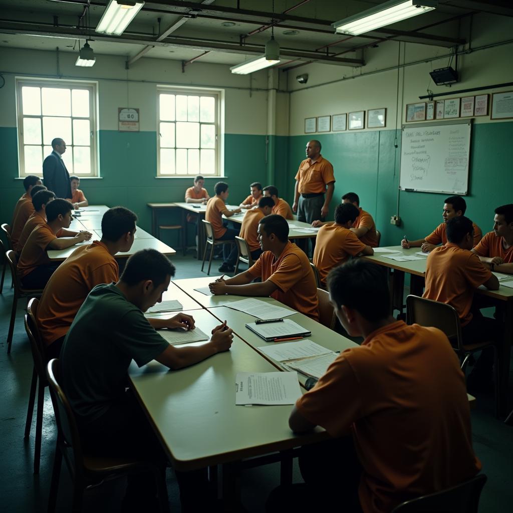 Prisoners attending educational workshop in modern prison facility