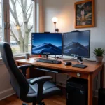 Professional working from home setup with dual monitors and ergonomic chair