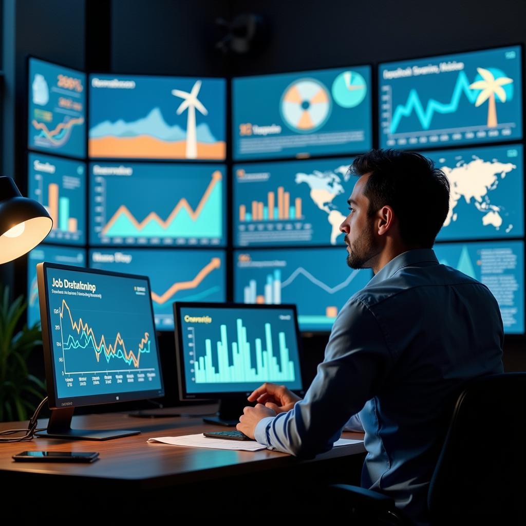 Expert analyzing renewable energy economic impact data on computer screens