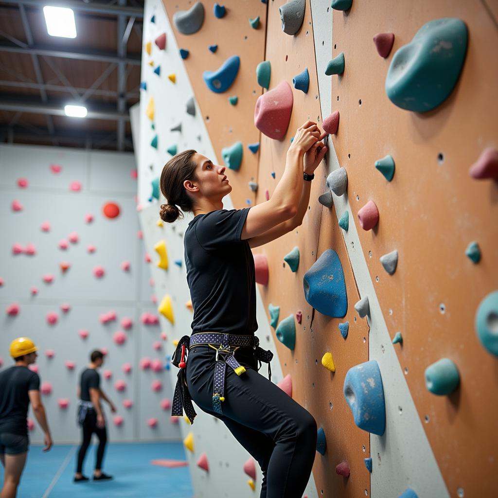 Rock climbing enthusiast tackling challenging routes in an indoor gym