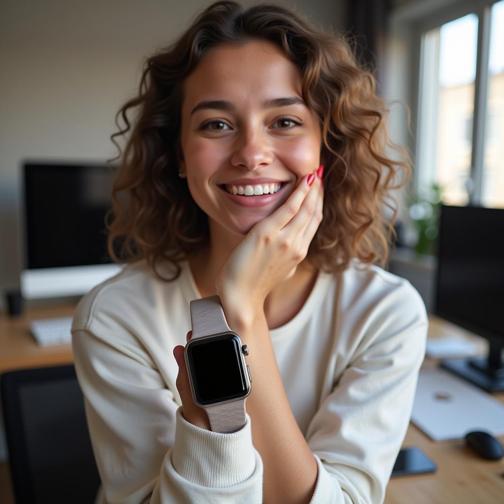 Customer showing satisfaction with new smartwatch purchase