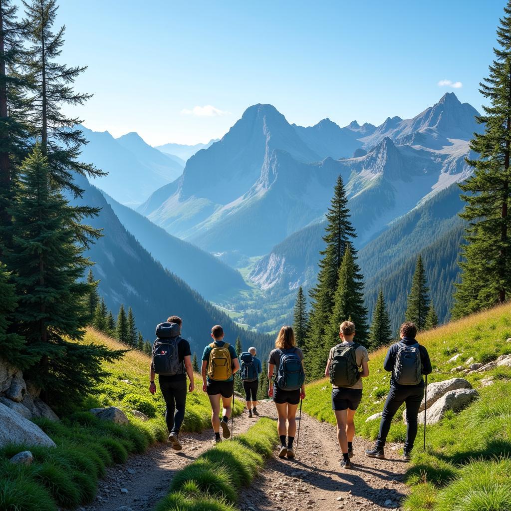 Hikers enjoying panoramic mountain views on a clear day