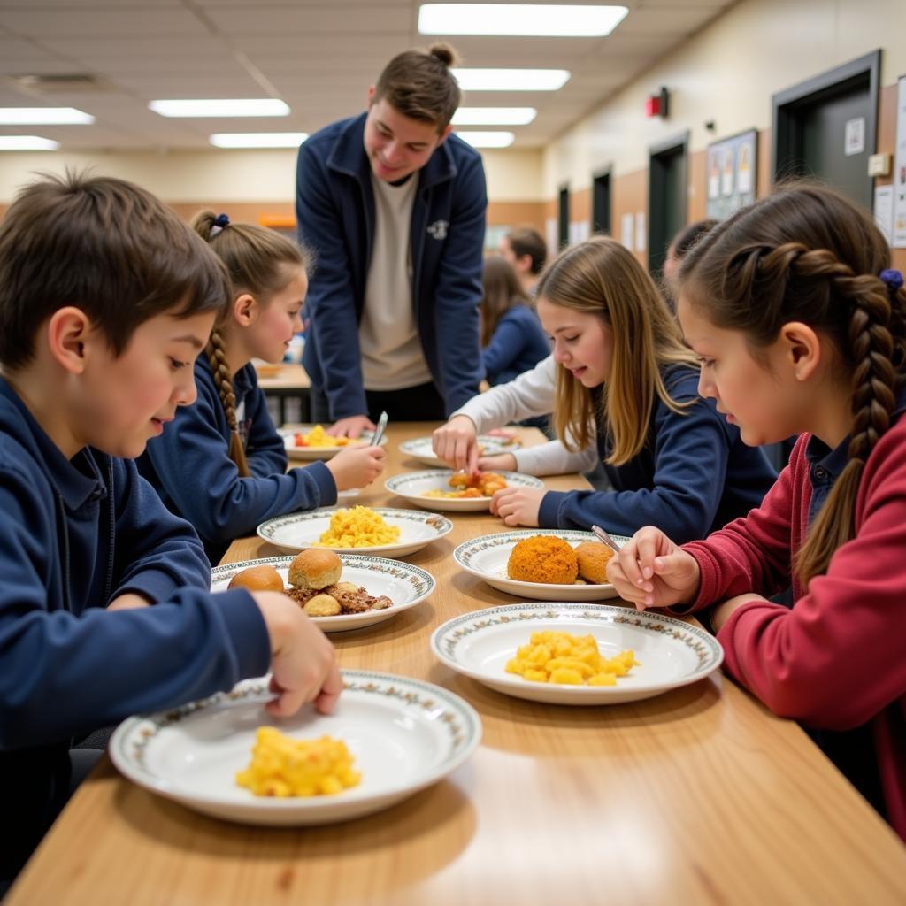 Students learning about healthy food choices in school cafeteria