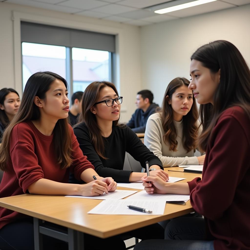 Students participating in IELTS writing exam discussing school safety measures