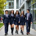 Students wearing formal school uniforms walking on campus