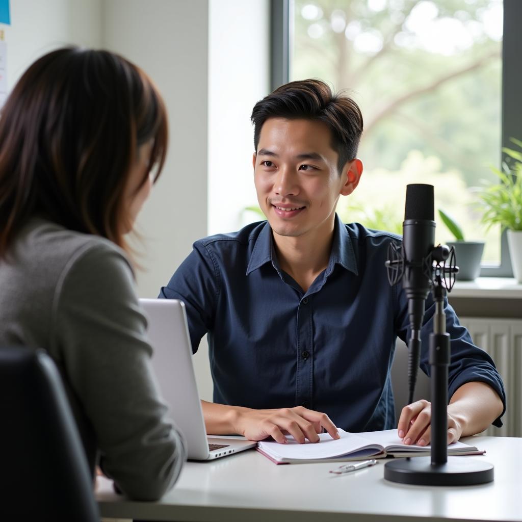 Student recording IELTS speaking practice with professional microphone