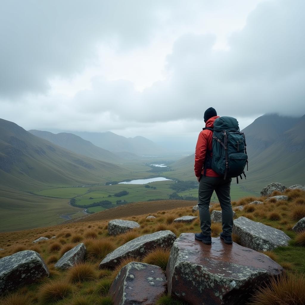 Solo hiker enjoying panoramic view of Scottish Highlands