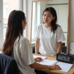 Student practicing IELTS speaking in front of mirror with preparation materials