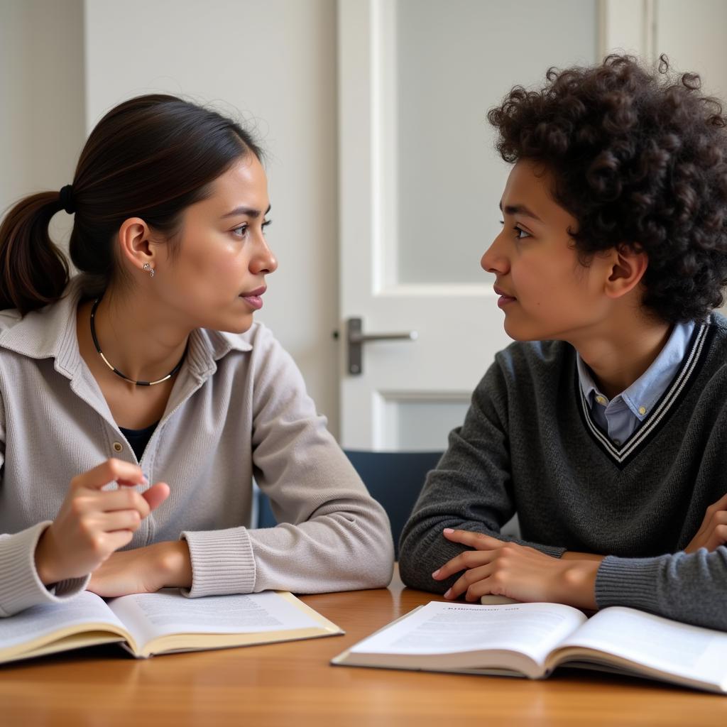 Students practicing pronunciation in pairs for IELTS speaking