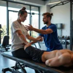 Professional therapist working with athlete during rehabilitation session