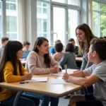 Diverse group of students studying together in modern classroom