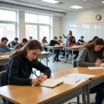 Students taking standardized tests in modern classroom setting