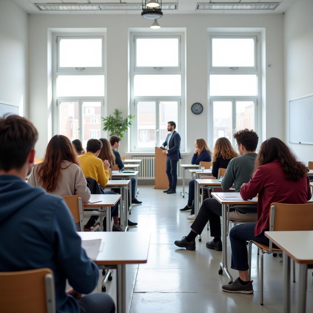 Students taking standardized test in modern classroom setting