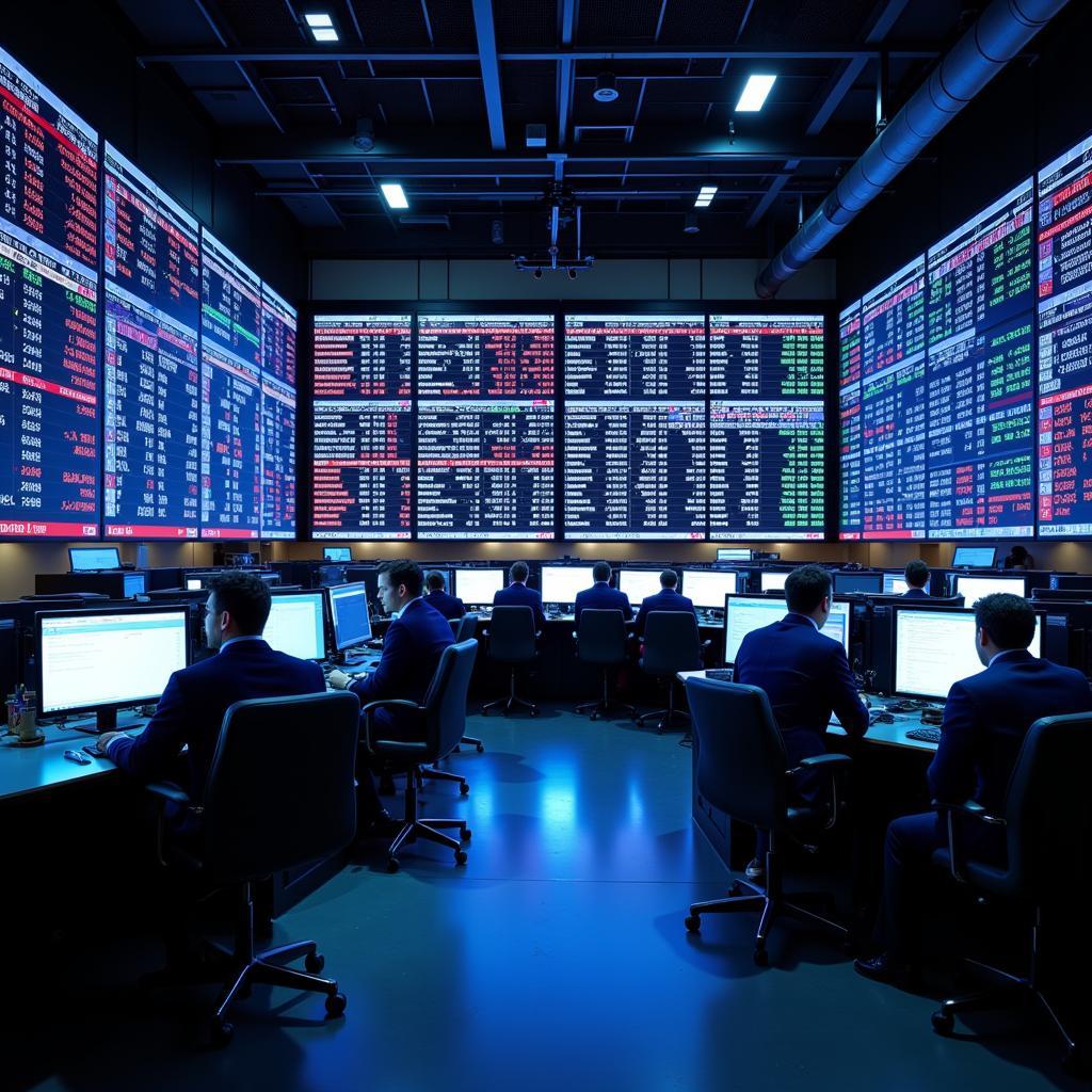 Stock market trading floor showing digital displays and traders analyzing market disruptions