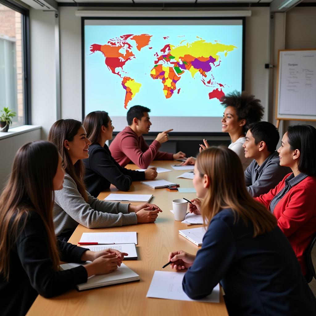 Students discussing cultural differences in a diverse classroom