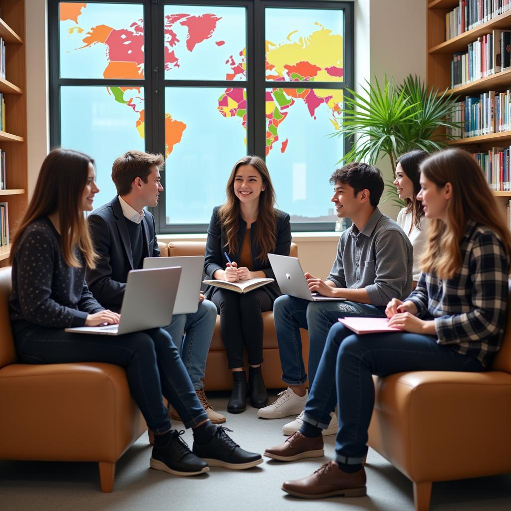 International students discussing education opportunities in university campus