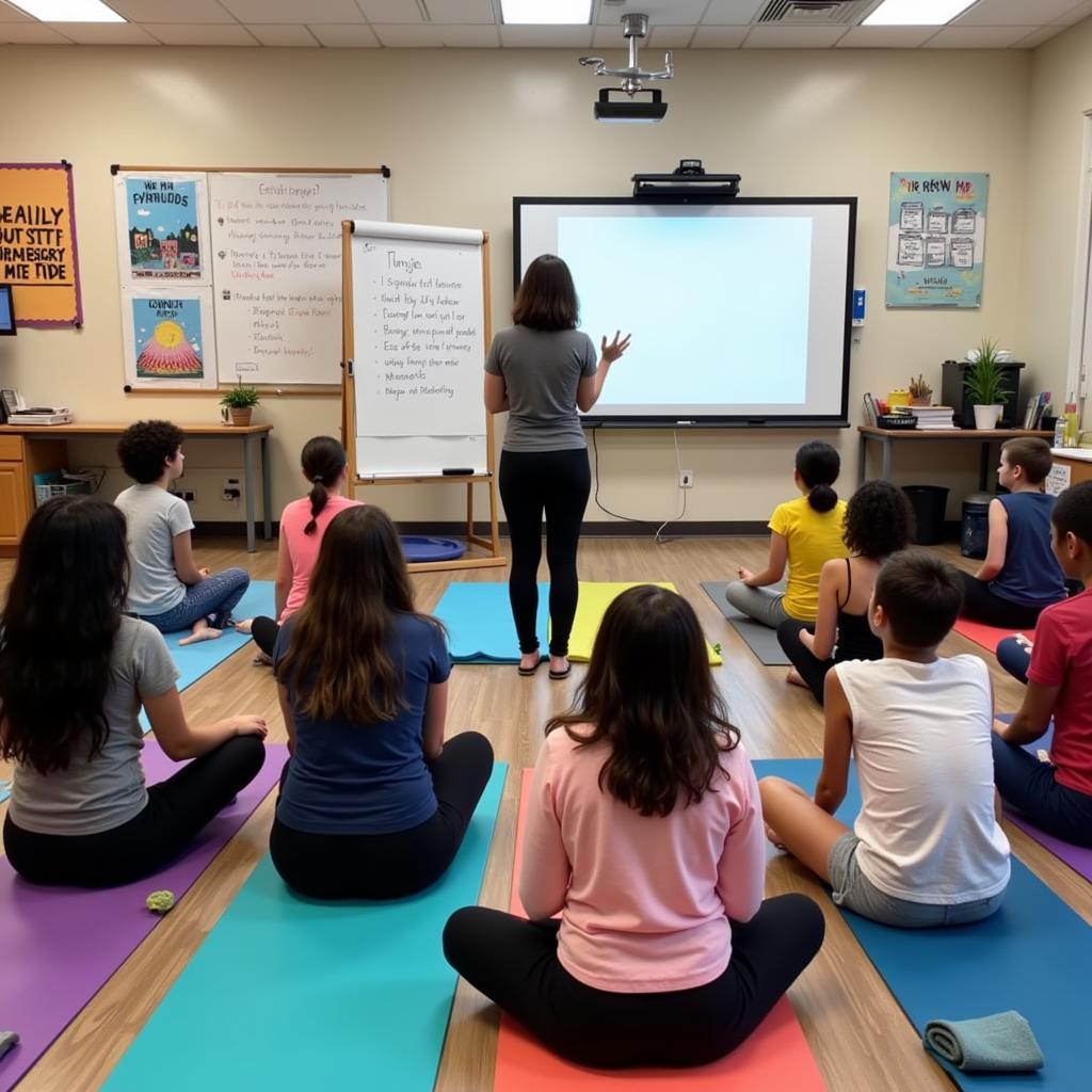 Diverse group of students meditating in a classroom setting