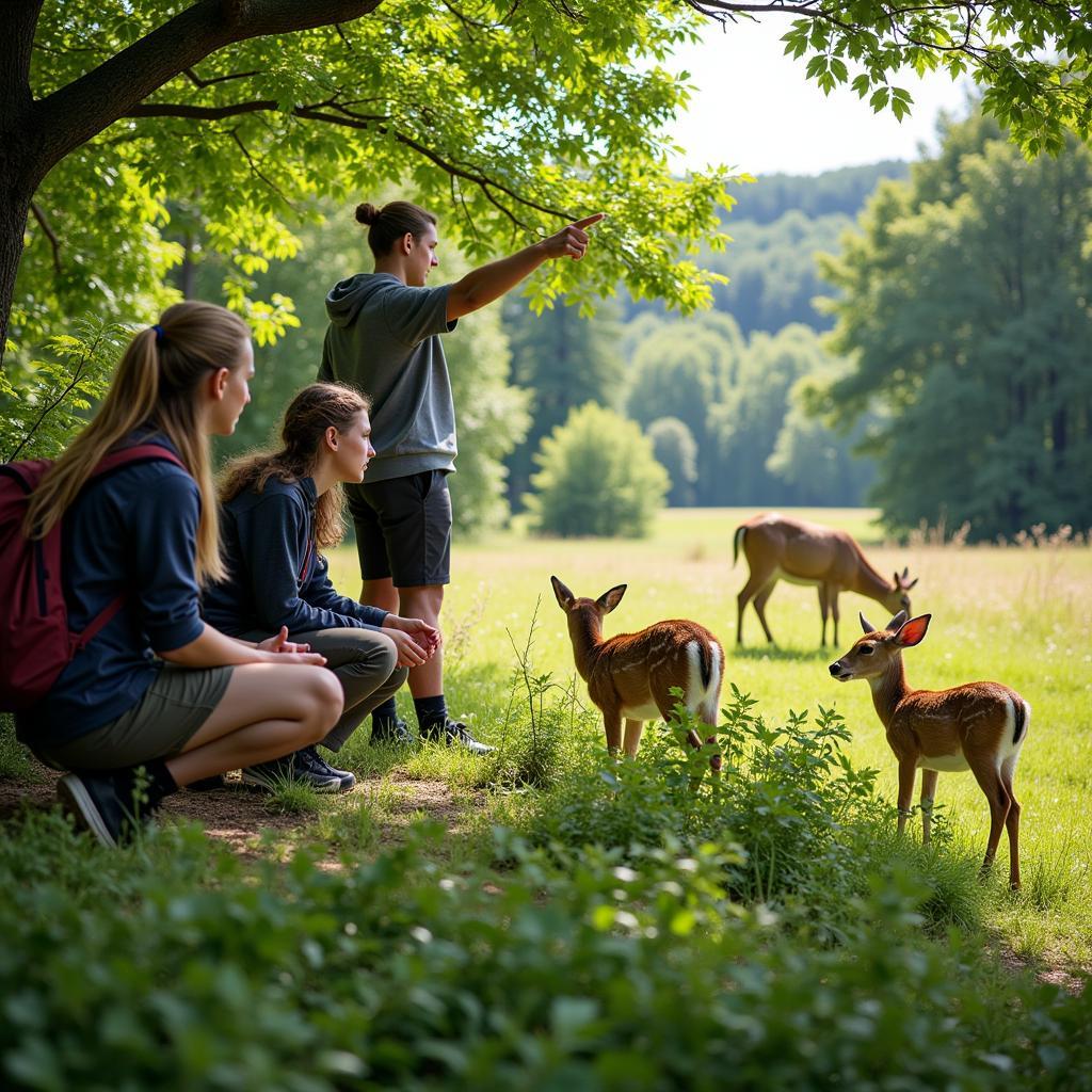 Students quietly observing deer in a nature reserve