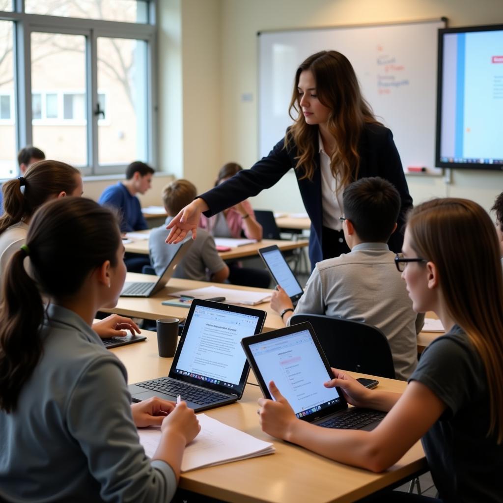 Students actively engaging with tablets in a modern classroom setting