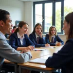 High school students in traditional uniforms attending class