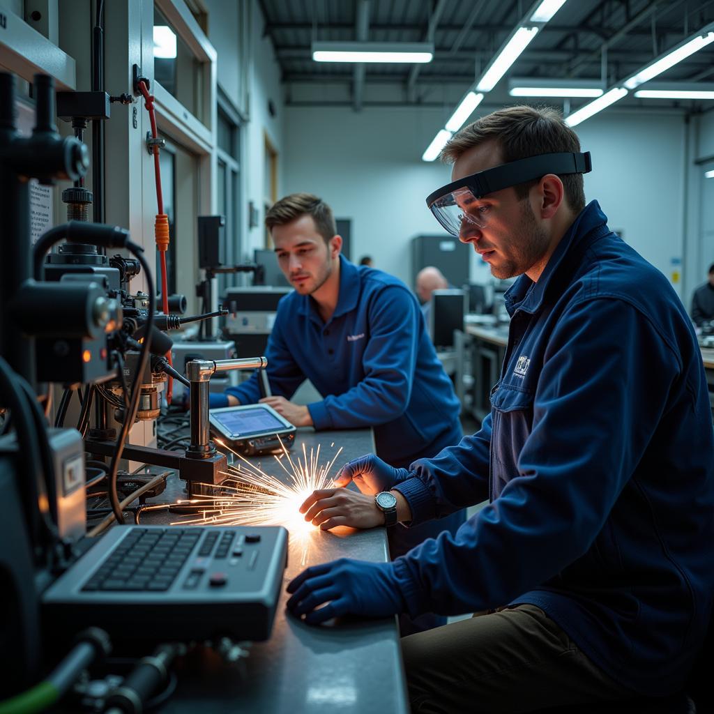 Students working with modern equipment in technical laboratory