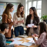 Diverse group of teachers collaborating in modern classroom