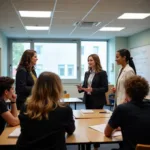 Experienced teacher mentoring new colleague in classroom setting