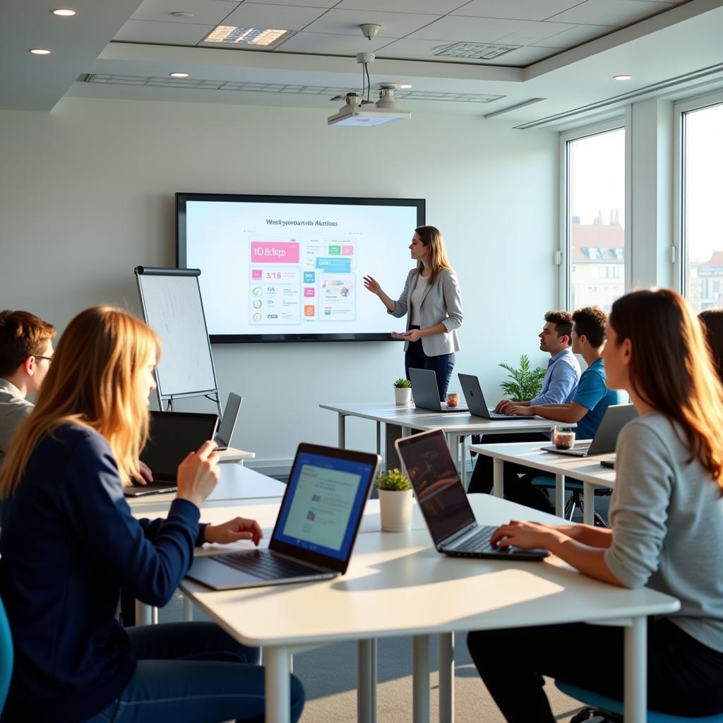 Modern classroom with interactive technology and engaged students