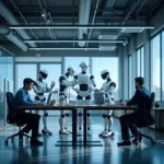 Technology transforming modern workplace environment with robots and humans