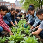 Teenagers volunteering in a community garden project