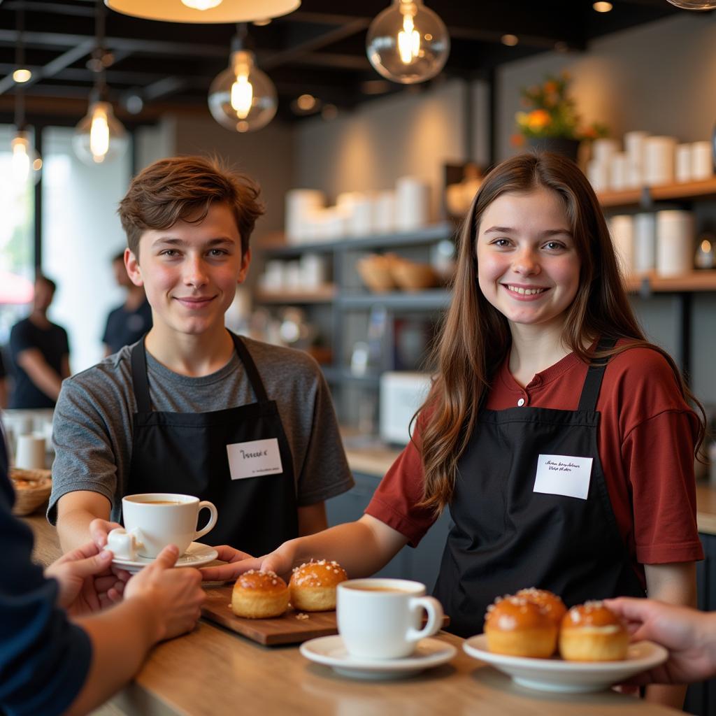 Teenagers working part-time job in a cafe