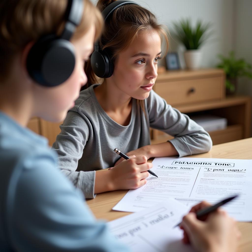 Student practicing tone recognition in IELTS listening test